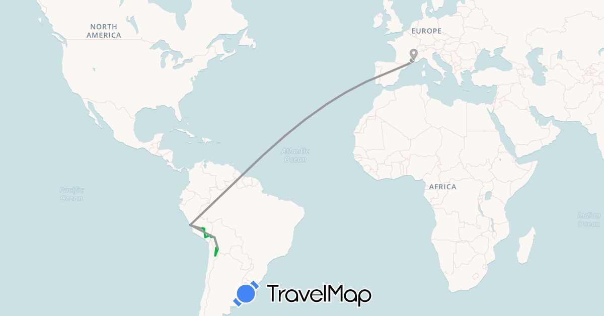 TravelMap itinerary: driving, bus, plane, boat in Bolivia, Spain, France, Peru (Europe, South America)