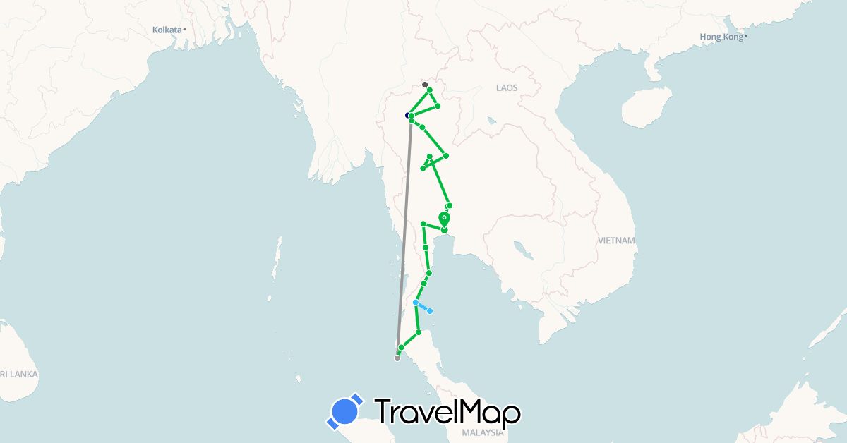 TravelMap itinerary: driving, bus, plane, boat, motorbike in Thailand (Asia)